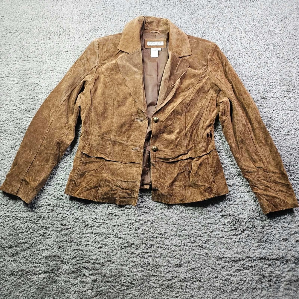 Coldwater Creek Womens Brown Suede Leather Jacket Size M Peplum Back 2 Button